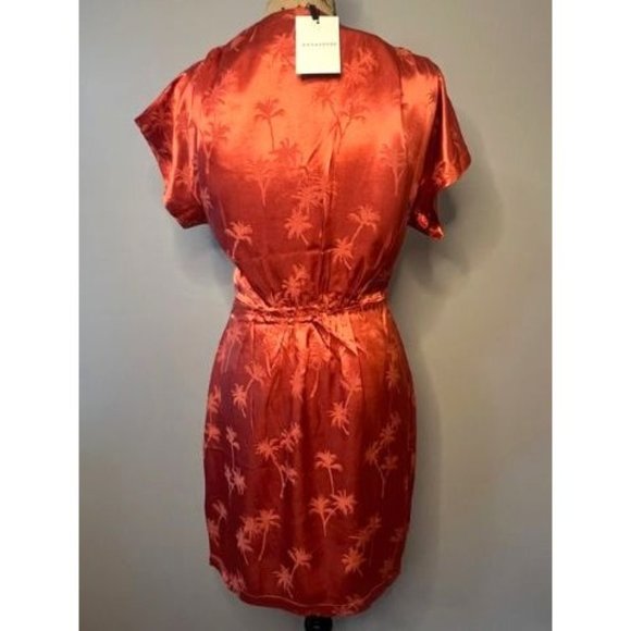 #81 NWT Silky Palm Print Dress Orange Short Sleeve V Neck Dress XS, S, M - Picture 3 of 12